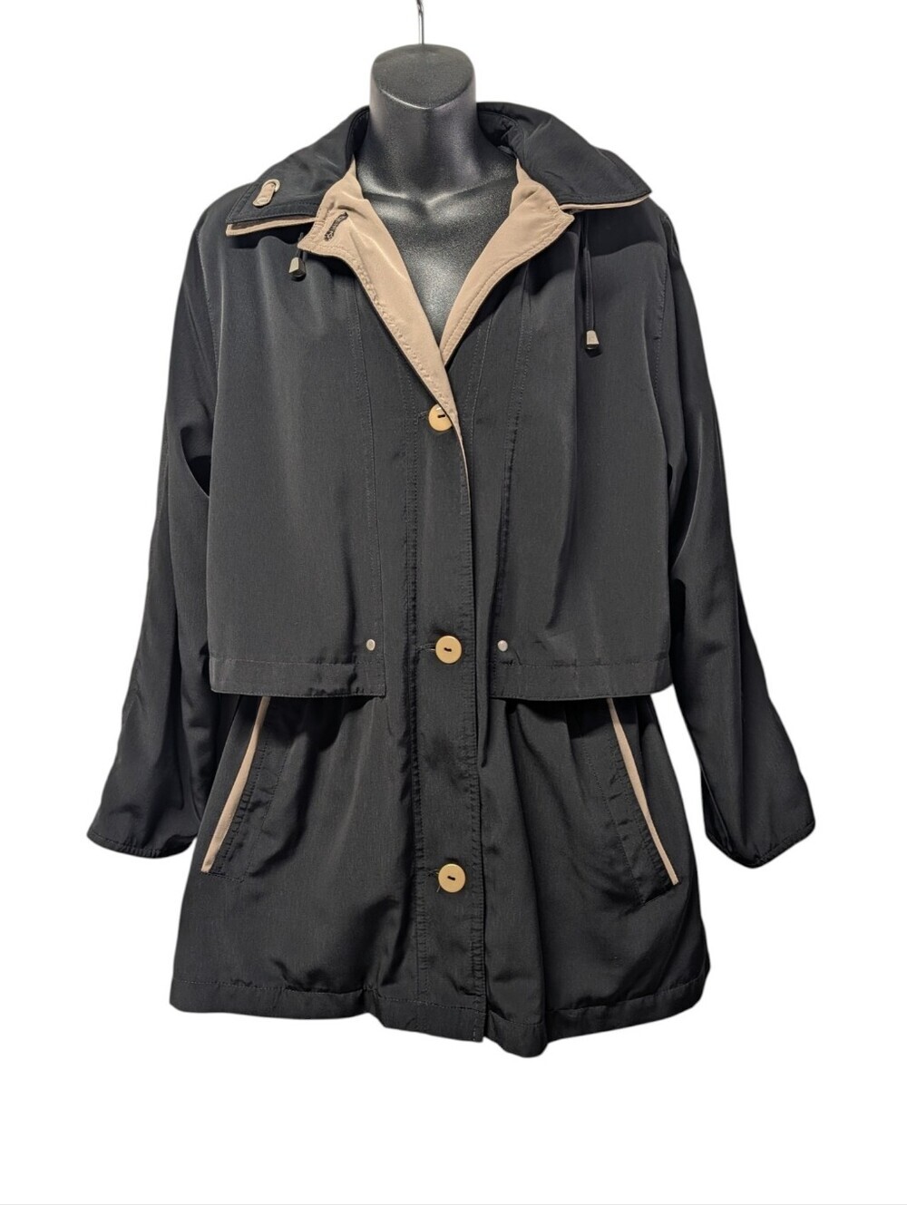 CS Signature Black Removable Hooded Button Jacket Womens Size M Waist Drawstring